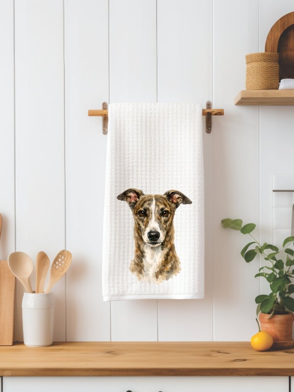 Brindle Greyhound Dog Waffle Weave Decorative Kitchen Tea Towel